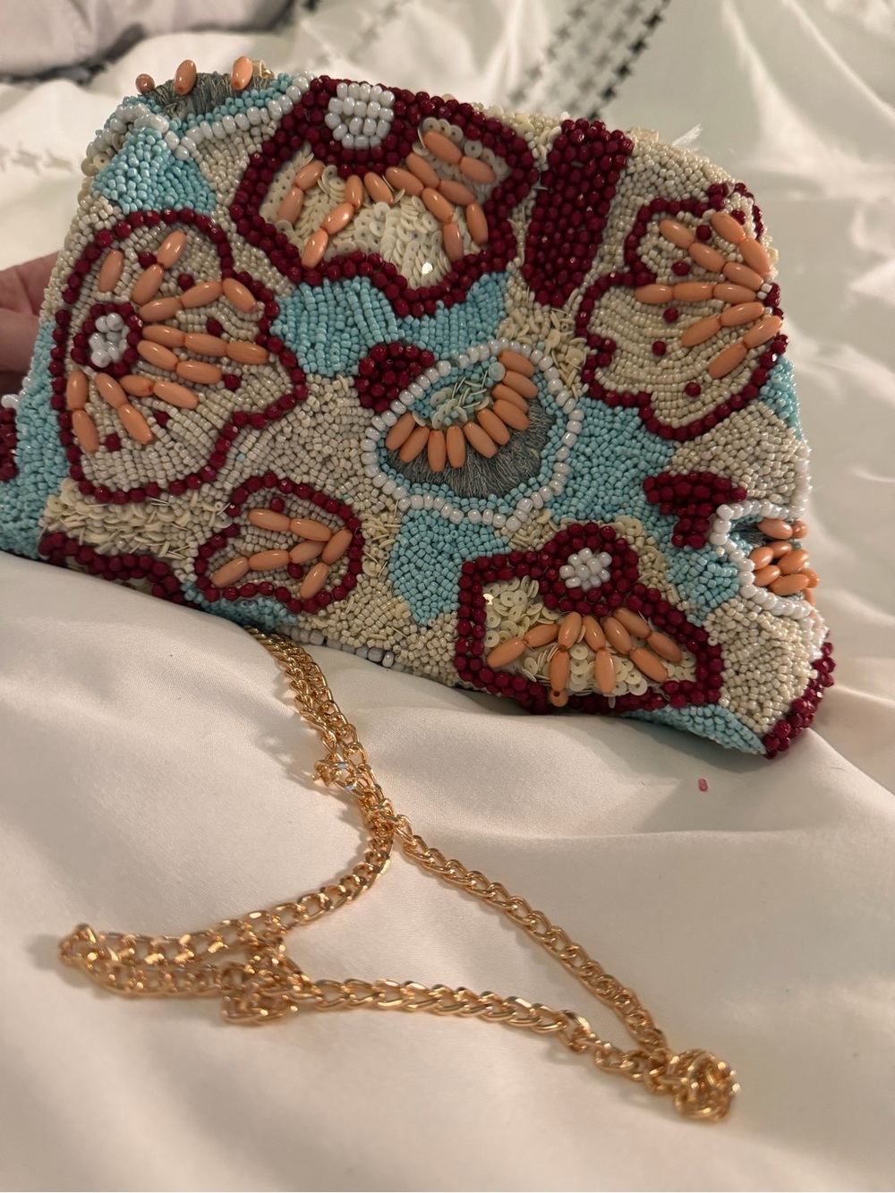 Beaded Floral Crossbody Bag in Aqua, Peach & Cream with Gold Chain